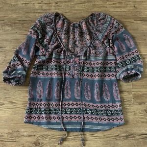 American Eagle sheer peasant top with boho feather print